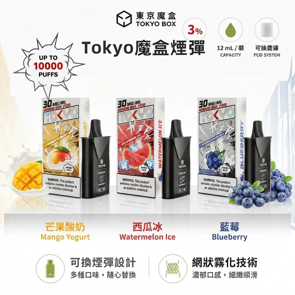 Tokyo-mohoo-box-東京魔盒電子煙煙彈-東京魔盒電子煙官網-Tokyo-Mohoo煙彈.webp 東京魔盒煙彈 TOKYO MOHOO BOX 拋棄式煙彈 | 12ml超大容量 | 10000口 1.0Ω MESH鋼網棉芯防漏設計:圖片 1